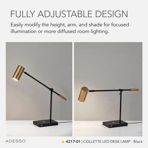 LED Floor Lamp With Adjustable Height And 9W Integrated LED, Black And Antique Brass Accent, fully adjustable arm design
