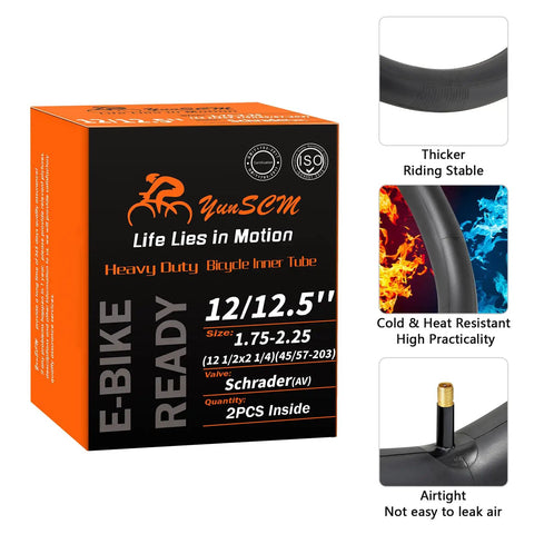 Two Pack Heavy Duty Bike Inner Tubes 12/12.5 Inch Compatible With 12x1.75–2.25 And 12 1/2 X 2 1/4 Inch Schrader Valve AV 45/57-203