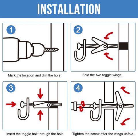 Installation steps for Three Sixteenth Inch By Five Inch Toggle Bolts Twelve Pieces For Drywall Heavy Duty Butterfly Anchors