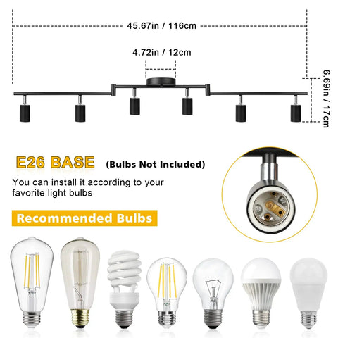 Diagram showing dimensions of Six Light Track Lighting Kit With Flexible Foldable Arms And Rotatable Heads, E26 Base