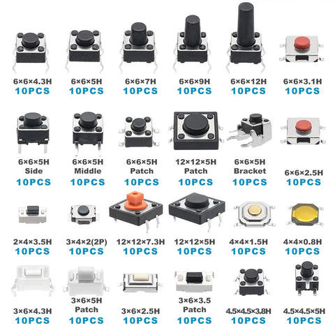 240 Piece Micro Momentary Tactile Push Button Switches Assortment Kit With 24 Value Options, black switches shown in size variation.
