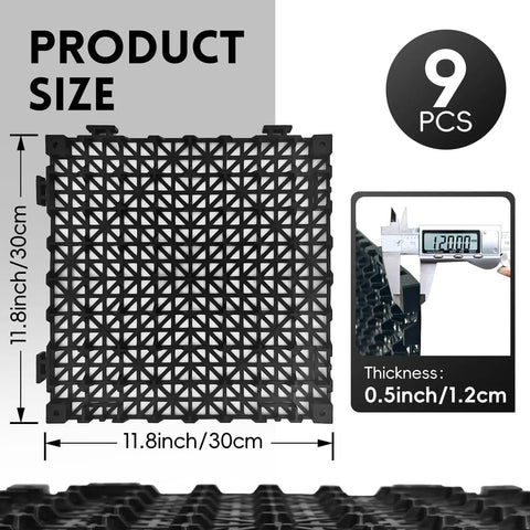 Modular Interlocking Cushion Drainage Floor Tiles 9 Pack 11.8 By 11.8 Inches PVC Raised 0.5 Inch Thick Non Slip Mats With Drain Holes