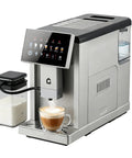 Super Automatic Espresso Maker With Built Conical Burr Grinder And Auto Milk Frother brewing coffee in glass cup with milk frother.