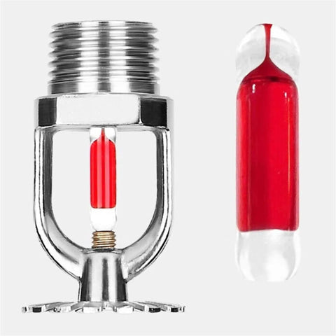Slick Chrome Plated Copper Pendent Fire Sprinkler Heads Four Pack With Kickass One Half Inch NPT Threads And Hella Dependable 155 Fahrenheit Red Bulb, close-up view of unit and red bulb.