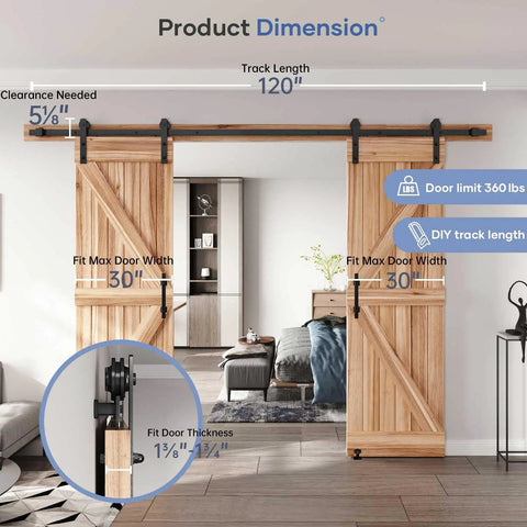Dimensions of The Top Shelf Ten Foot Double Sliding Barn Door Track Hardware Kit showing track length and door width limits.