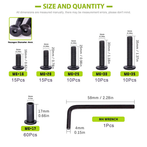 Top Notch Hella Tough Heavy Duty Slick Black M6 Barrel Nuts Kit Featuring Binding Screws Posts dimensions and quantities chart.