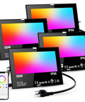 Big Boy Brightness Led Flood Lights For Yard And Patio With Smart Color Changing IP66 Waterproof Fixture Music Sync And Timer Function 4Pack, shown in vibrant colors.