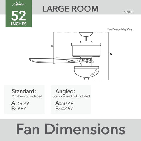Dimensions diagram of 52 Inch Indoor Ceiling Fan With LED Light White Finish Pull Chain 5 Blades For Bedroom Living Room Or Kitchen
