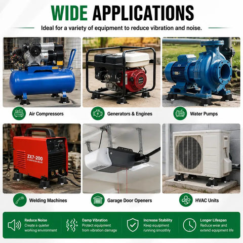 Image displaying various applications of 4 Pack Tough As Nails M10 Double Stud Rubber Isolation Mounts for engines and compressors.