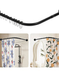 Rock Solid Black Corner Shower Curtain Rod, Adjustable 24 To 53 Inches, L Shaped 90 Degree With Ceiling Support, Includes 12 Ring Hooks, No Slip Installation For A Strong Bathroom Upgrade. Black metal corner shower rod with hooks installed, shown in bathroom use
