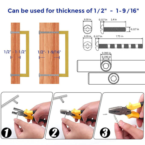 Brushed Brass Square Cabinet Handles With 6 1 4 Inch Center To Center Spacing Heavy Duty Kitchen Drawer Pulls And Vanity Hardware Durable As Heck Easy To Mount For Top Shelf Renovation Projects And Daily Grind installation instructions showing wood thickness options and tool use.