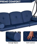 Three Seat Outdoor Porch Swing With Adjustable Canopy And Stand, Convertible Patio Glider Bed With Thick Cushions And Pillow, Upgraded Cup Holder, Heavy Duty All Metal Frame For Backyard Vibes Blue, showing deep blue cushions with extra comfort.