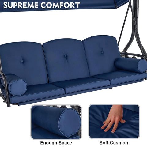 Three Seat Outdoor Porch Swing With Adjustable Canopy And Stand, Convertible Patio Glider Bed With Thick Cushions And Pillow, Upgraded Cup Holder, Heavy Duty All Metal Frame For Backyard Vibes Blue, showing deep blue cushions with extra comfort.