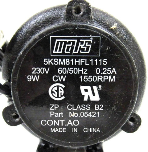 Label detail of Heavy Hitter Cast Iron Shaded Pole Unit Bearing Motor showing 9 Watts, 230 Volt, 1550 RPM specifications.