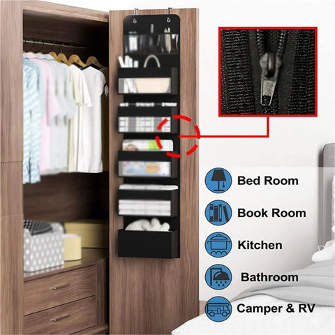 Heavy Duty Over The Door Organizer And Hanging Closet Storage Rack With Multiple Pockets in black attached to a wooden door.