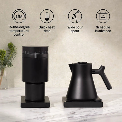 Corvo EKG Pro Electric Tea Kettle With Precise Temperature Control Quick Heat Scheduling And Built In Brew Timer Matte Black on marble