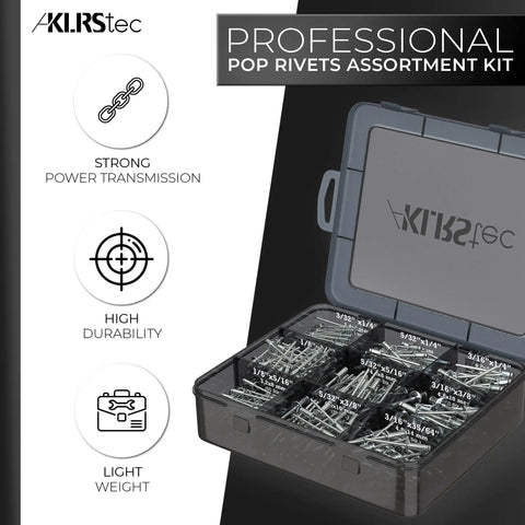 500-Piece Heavy Duty Aluminum Pop Rivet Assortment Kit With Steel Mandrels shown in labeled case for easy access and organization.