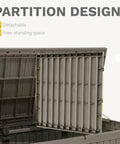 Beefy 220 Gallon Outdoor Deck Storage Box With Removable Divider, waterproof resin chest shown open with partition design