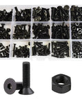 Flat Head Hex Bolt Nut Set Kit M2 Through M6 Black Grade 10.9 Steel Countersunk Socket Screws For DIY Metalworking Projects And Your Go-To Heavy Duty Fastening For Automotive And Home Projects And Quick Install Applications, assorted black bolts and nuts in organizer