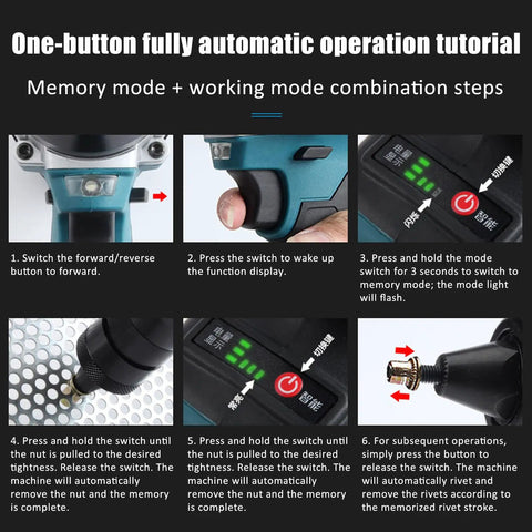 Heavy Duty Dual Purpose Cordless Electric Rivet And Nut Gun Tool Featuring Smart Memory Chip And Amped Up Lithium Pack For Rapid M Series Fastening Jobs Zero Drama operation tutorial showing automatic function steps.