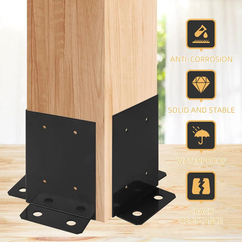 Four Pack Post Anchor Base Set Black Powder Coated Deck Post Brackets Built To Last Heavy Duty Wood Posts For Pergola Railing Deck Or Mailbox Fits 4x4 6x6 8x8 With Adjustable Half Column Base, installed view on wood post with benefits icons.