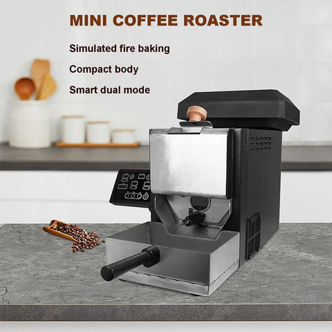 Hella Smooth Electric Coffee Roaster With Zero Hassle Auto Operation And Built In Smoke Filter Chaff Collector Plus Chimney Tube positioned on a kitchen counter.