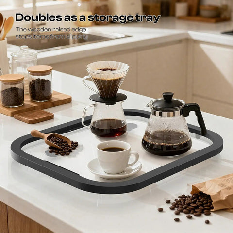 Slick Acrylic Appliance Slider With Smooth Gliding Wheels Move Coffee Makers And Air Fryers Without A Sweat Countertop Protector Dolly Protects Surfaces Zero Strain Kitchen Essential with coffee setup on tray.