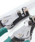 Heavy Duty Wire Crimper And Stripper Plier For Slick Multistrand Cable Cutting with green anti-slip handles and sharp blades.