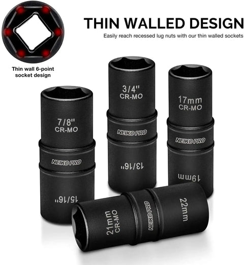 1/2 Inch Drive Flip Impact Socket Set With 3 Inch Extension Chrome Moly Steel Deep SAE And Metric Sizes 8 Sockets Included