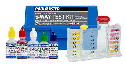 Five Way Pool And Spa Test Kit Featuring Dead On Accuracy For Chlorine Bromine Ph Alkalinity And Acid Demand Inside A Tough Travel Case with solutions and comparison block.