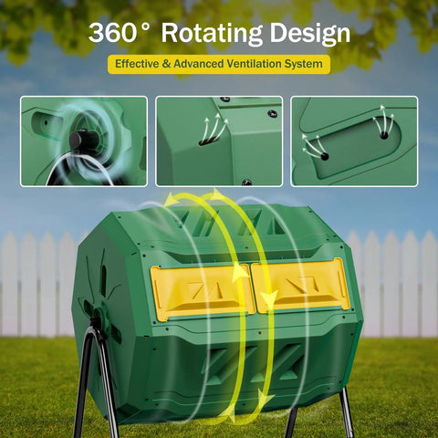 43 Gallon Green Dual Chamber Garden Compost Bin With 360 Degree Rotating Tumbler Easy Open Door And Large Openings