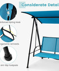 Outdoor Patio Swing For Two With Adjustable Canopy Heavy Duty Metal Frame Breathable Seat Fabric Cozy Loveseat Swing For Backyard Balcony And Poolside Chill Vibe And Relaxation, showing reinforced spring hook, ergonomic armrests, and anti-slip footpads in navy color.