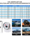 Heavy-Duty Stainless Steel Fuel Sending Unit and White Gauge Kit 240-33Ohm 5 Inch with installation recommendations and examples.