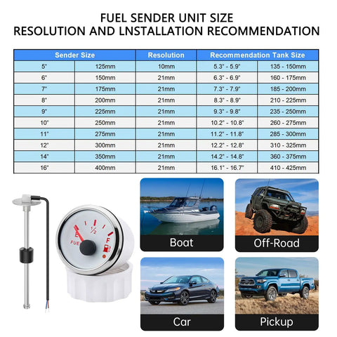 Heavy-Duty Stainless Steel Fuel Sending Unit and White Gauge Kit 240-33Ohm 5 Inch with installation recommendations and examples.