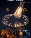 100Ft Outdoor String Lights With Remote Dimmable And Connectable Warm White LED Patio Lighting For Backyard Porch Deck Or Balcony Weatherproof Shatterproof Bulbs Three Modes And Memory Function Totally Lit, showing timing function with light turning on and off at set hours.