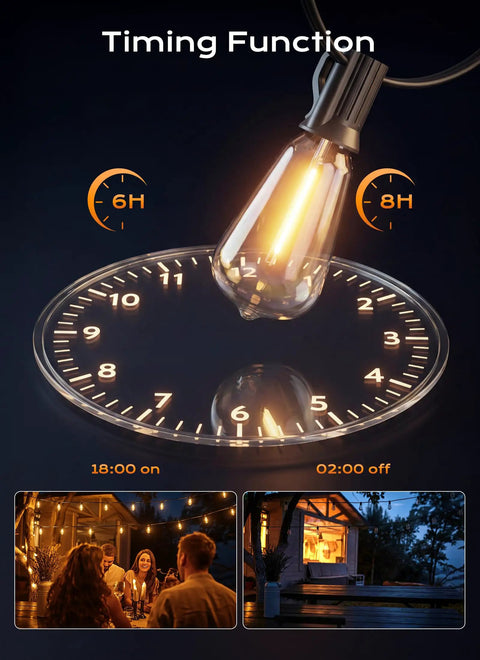 100Ft Outdoor String Lights With Remote Dimmable And Connectable Warm White LED Patio Lighting For Backyard Porch Deck Or Balcony Weatherproof Shatterproof Bulbs Three Modes And Memory Function Totally Lit, showing timing function with light turning on and off at set hours.