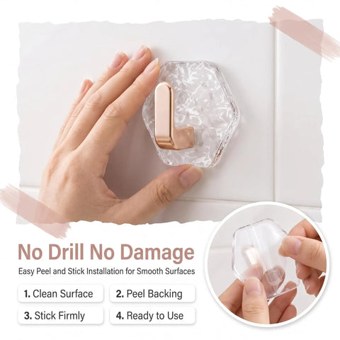 Water Ripple Hexagonal Adhesive Wall Hooks, Super Grippy No Drill Bathroom And Kitchen Organization System For Hanging Towels Keys Or Cozy Decor, Zero Mess Waterproof Setup You Will Honestly Love, installation process on smooth surface.