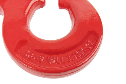 Close-up of Three Eighths Inch Logging Chain Choker Hook Grade 80 Not For Overhead Lifting 6900 Lbs WLL embossed text