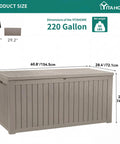 Massive 220 Gallon Outdoor Storage Deck Box With Divider Waterproof Lockable Resin Built Wood Look Brown Perfect For Patio Furniture And Garden Tools Organization dimensions and size info.