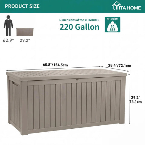 Massive 220 Gallon Outdoor Storage Deck Box With Divider Waterproof Lockable Resin Built Wood Look Brown Perfect For Patio Furniture And Garden Tools Organization dimensions and size info.