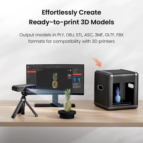 Top Shelf Handheld Laser Scanner Boasts Butter Smooth Movement And Dead On Accuracy For Fast Reverse Engineering And Crisp Full Color Scanning Of Medium Prototypes with computer monitor and pineapple model.