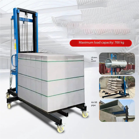Heavy Hitting Wheeled Material Lift Skid Table lifting stacked panels with 700 kg capacity, ideal for job sites and construction use.