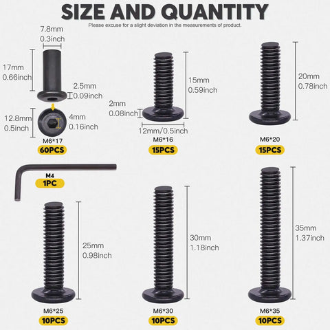 Built Different M6 Hex Socket Cap Bolt And Barrel Nut Assortment Kit showing sizes, quantities, and an M4 hex key for furniture assembly.