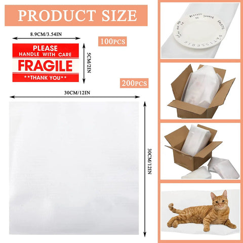Heavy Duty Foam Packing Sheets For Moving And Shipping With Extra Fragile Labels, 30CM x 30CM, 200PCS packaging for fragile items.