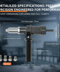 Heavy Duty Electric Rivet Gun Adapter Kit With Removable Handle And Four Rivet Heads dimensions showing gun body, handle length, and nozzle sizes.
