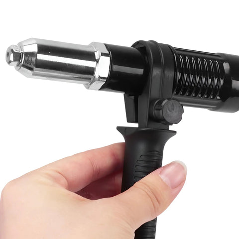 Heavy Duty Pop Rivet Gun Adapter Kit For Cordless Electric Drills With Beefy Aluminum Build And Four Quick Swap Sizes Super Slick Universal Fit For Shop Floors, close-up of handle and nozzle.
