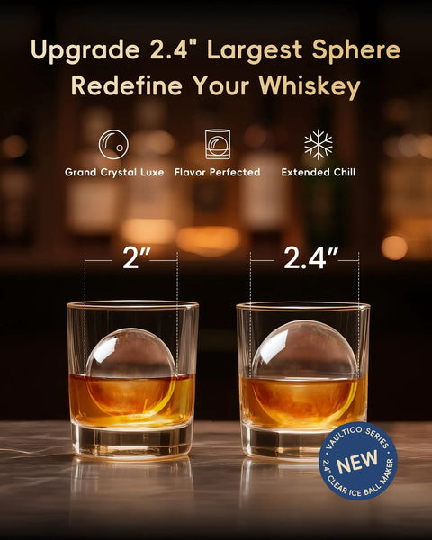 Big League 2.4 Clear Ice Ball Maker Compact Countertop Design delivers comparison of 2-inch and 2.4-inch ice spheres in whiskey.