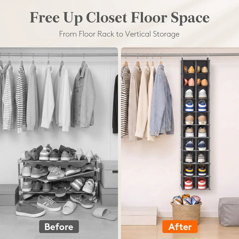 Dope Foldable Hanging Shoe Closet Rack Solid Thick Fabric Storage System With Wide Compartments Straight Up Perfect For Sneakers Flats Heels And Daily Slippers In Fresh Gray displayed before and after freeing closet space.