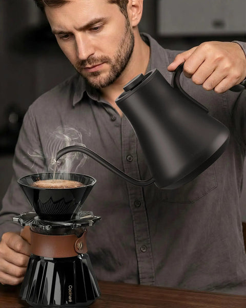 Man using Gooseneck Electric Kettle With 1 Degree Temperature Control 1500W Fast Heating Pour Over Coffee And Tea Kettle With Brew Timer