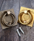 Two Pack Antique Bronze Brass Cabinet Door Handle Set For Cupboard And Drawer Drop Ring Pulls Chinese Style Vintage Hardware Zinc Alloy Build Easy Screw Adjustment Classic Retro Look For Closets Cabinets And Furniture, showing square plates with engraved patterns and screws